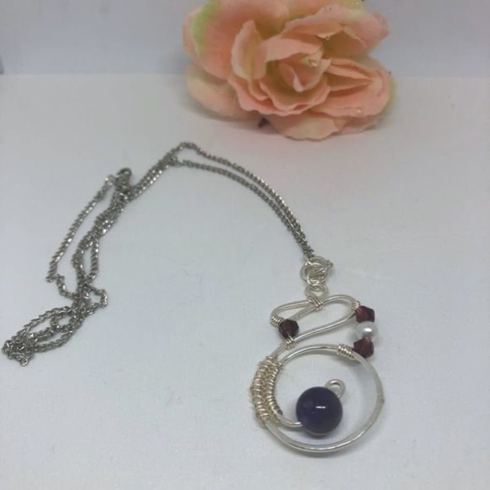 Silver Aluminum Hammered Finish Swirl Pendant with Amethyst, Pearl and Crystal ( - Picture 4 of 4